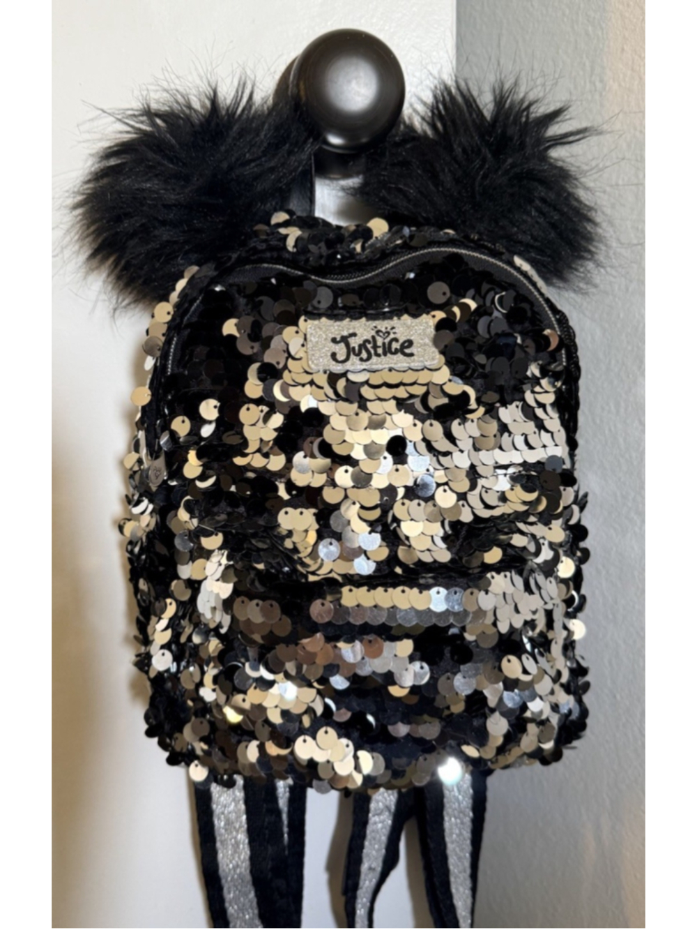 Justice Mini Sequin Backpack Black Gold Silver Panda Faux Fur Zip Closure